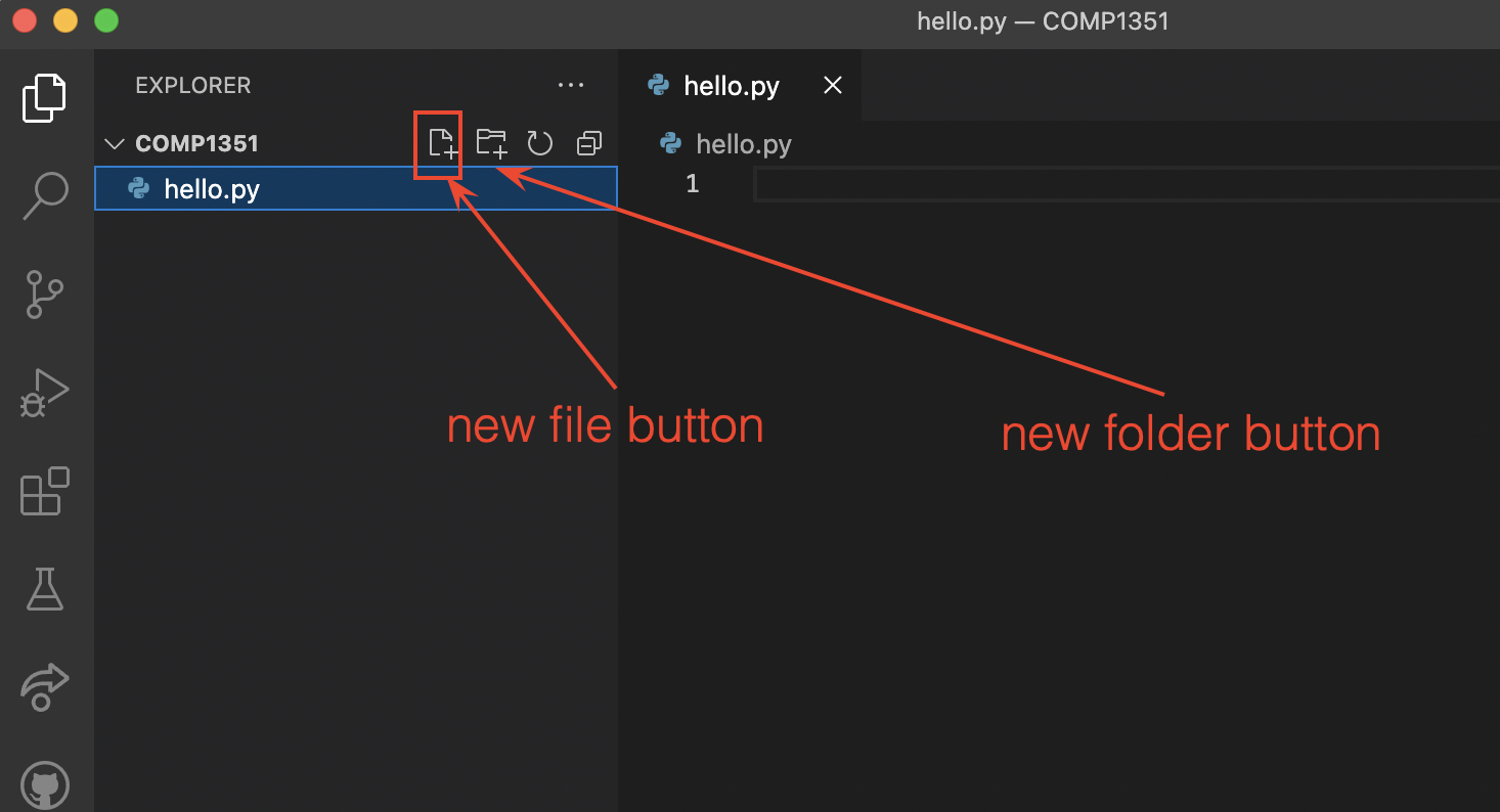VSCode new file and new folder buttons.